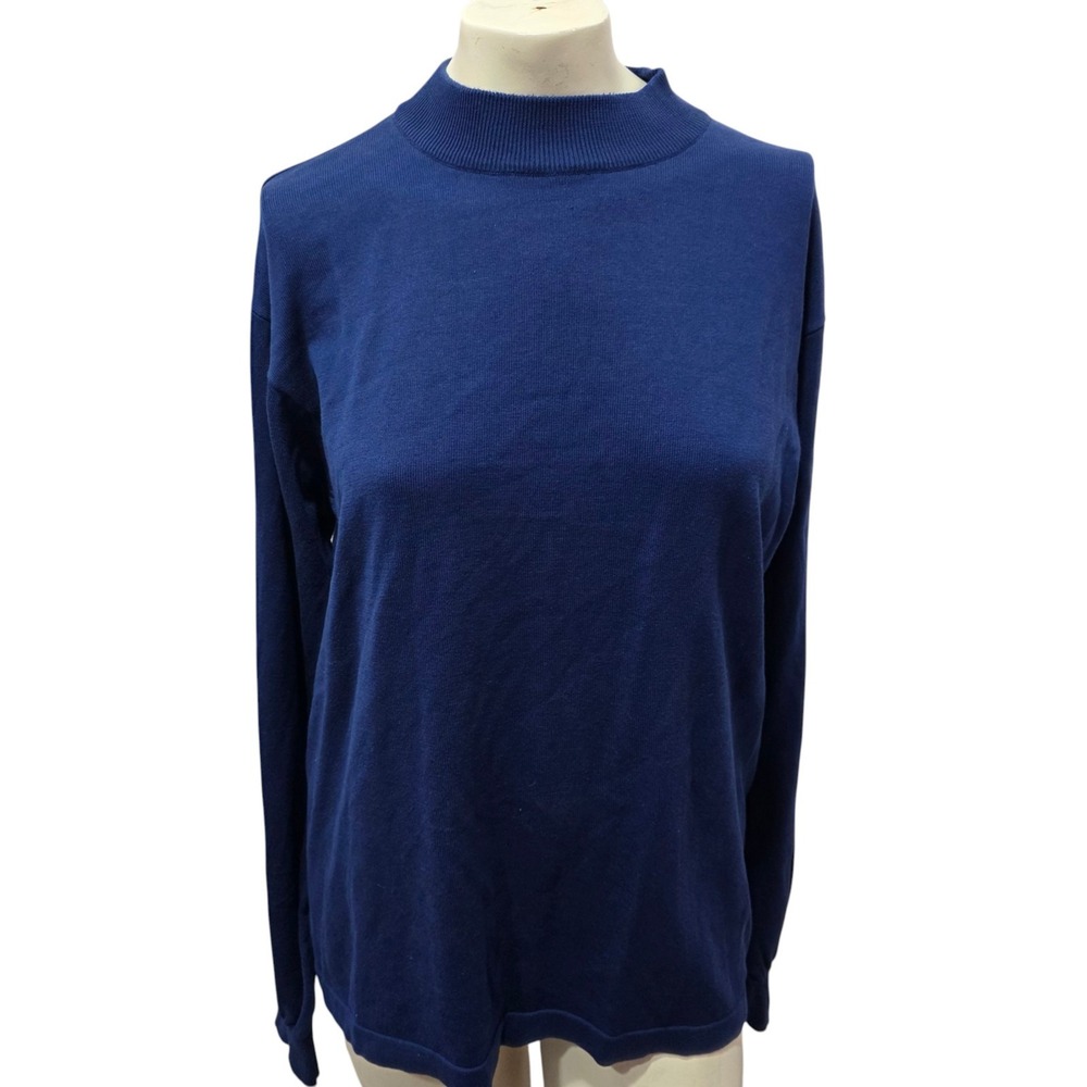 Jane Barnes Silk Linen Sweater XL Navy Blue Mock Neck Minimalist Quiet Luxury